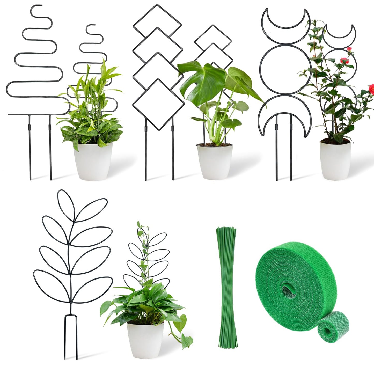 Metal Trellis for Climbing Plants Indoor with Plant Ties, 23" Small Plant Trellis for Potted Plants with 4 Different Panels, Accessories for Plant Care and Decor (Black)