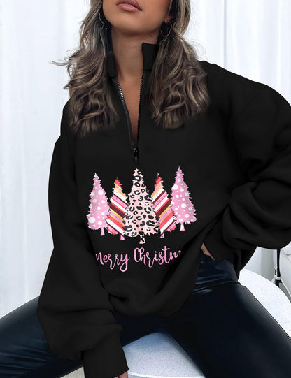 Christmas Sweatshirts for Women - Half Zip & Quarter Zip Pullover Oversized Long Sleeve Tops - Pink & Black Merry Christmas Trees V Neck Outfits - Teen Girls Fall Fashion Y2K Clothes
