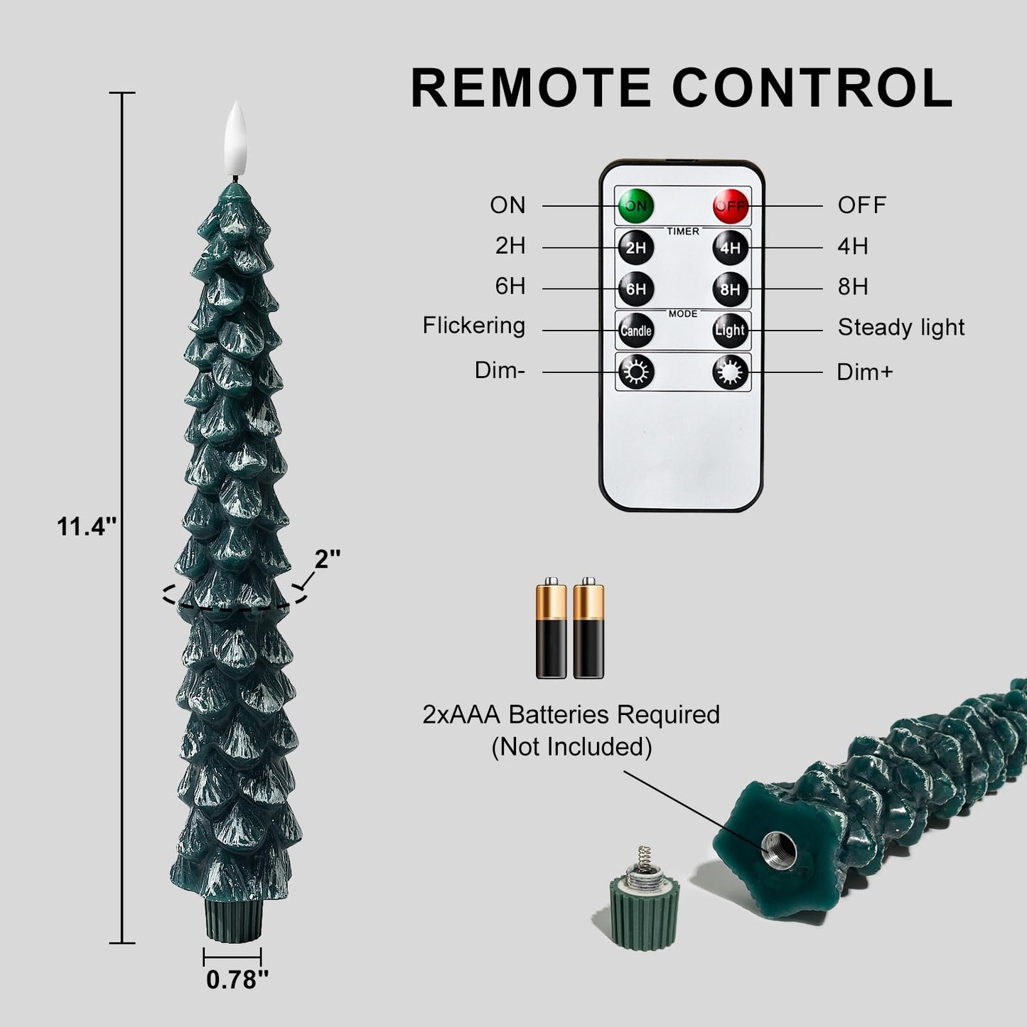 Christmas Decorations Indoor, Christmas Decor-Christmas Tree Taper Flameless Candles Battery Operated with Remote Timer, Xmas Candlestick Home Table Mantel Room Decor, 4 Pack(Green&White) Large, 11.4"