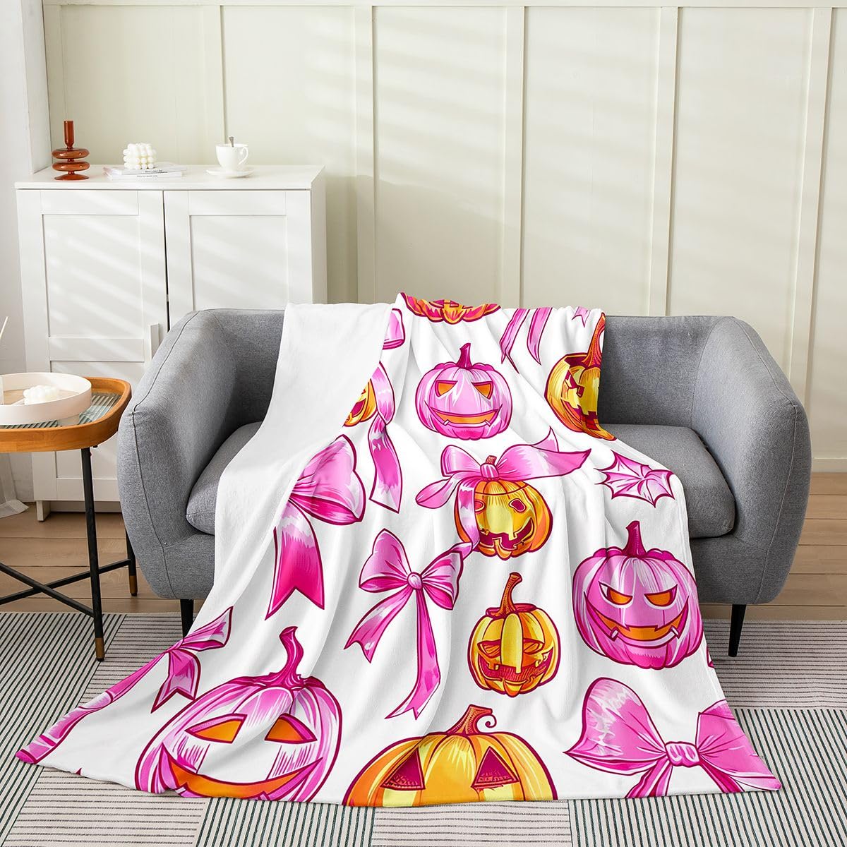 Feelyou Spooky Pumpkin Plush Throw Blanket Halloween Themed Flannel Blanket 40"x50" Bowknot All Season Pink Orange for Couch Bed Sofa Spooky Pumpkin Bedroom Decor
