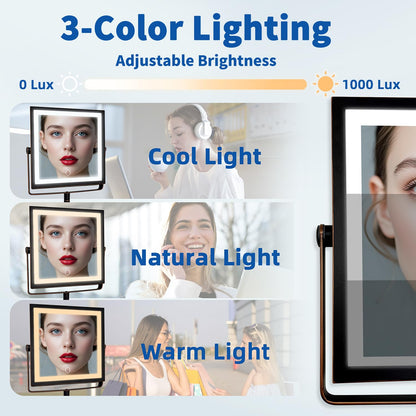 Ruacq Rechargeable Wall Mounted Makeup Mirror with Lights, Double Sided 1X/10X Magnifying Vanity Mirror with 3 Color Lighting, Touch Screen Dimmable, 360° Rotation Extension Foldable Arm(Matte Black)