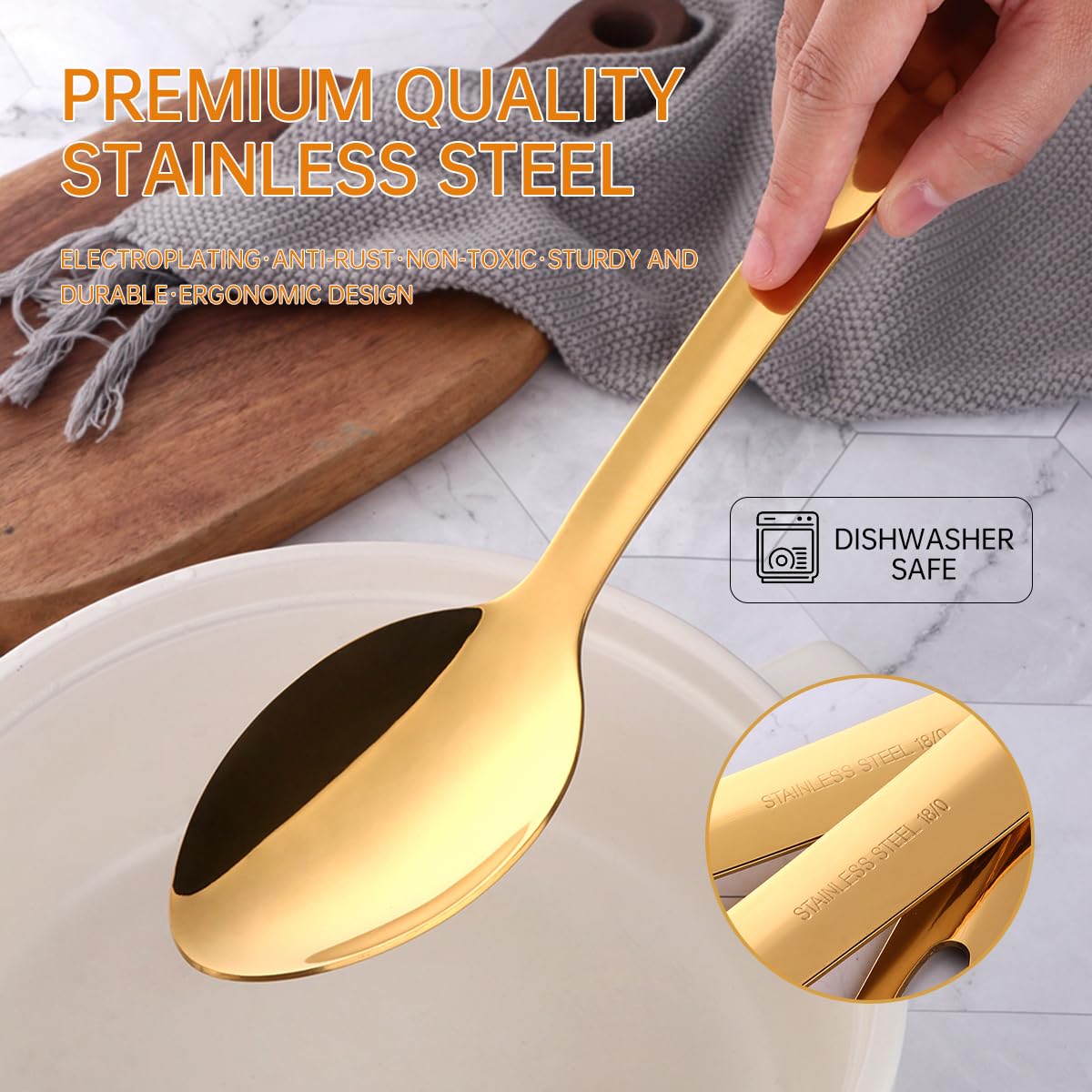 13-Inch Large Stainless Steel Serving Spoons Set, Long Handle Buffet Utensils, Dishwasher Safe (Gold, 6 piece)