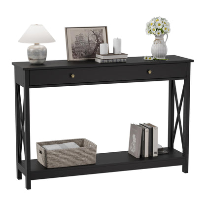 Treocho 47" Farmhouse Console Table with Drawer and Storage Shelves, Foyer Sofa Table Narrow for Entryway, Living Room, Hallway, Black