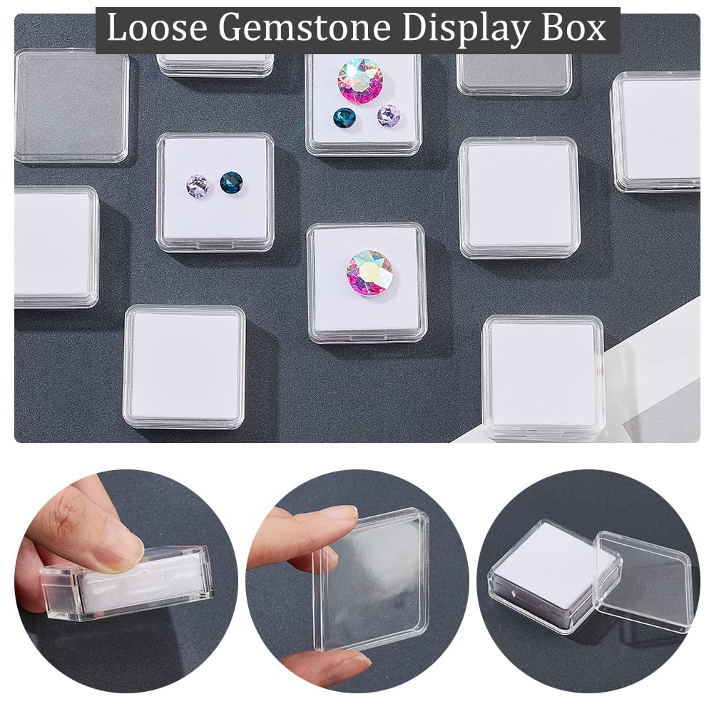 NBEADS 12 Pcs Gemstone Display Box, 1.6x1.6x0.6 Transparent Polystyrene Square Jewelry Display Container Diamond Storage Box with Clear Top Lids and White Sponge for Bare Stone Diamond
