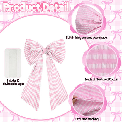 Big Pink Bow Decor Giant Pink White Checkered Coquette Bow for Birthday Party Decorations for Girls, Large Ribbon Tie Hanging Gift Coquette Wall Decor (Textured Cotton, Internal Stability Layer)