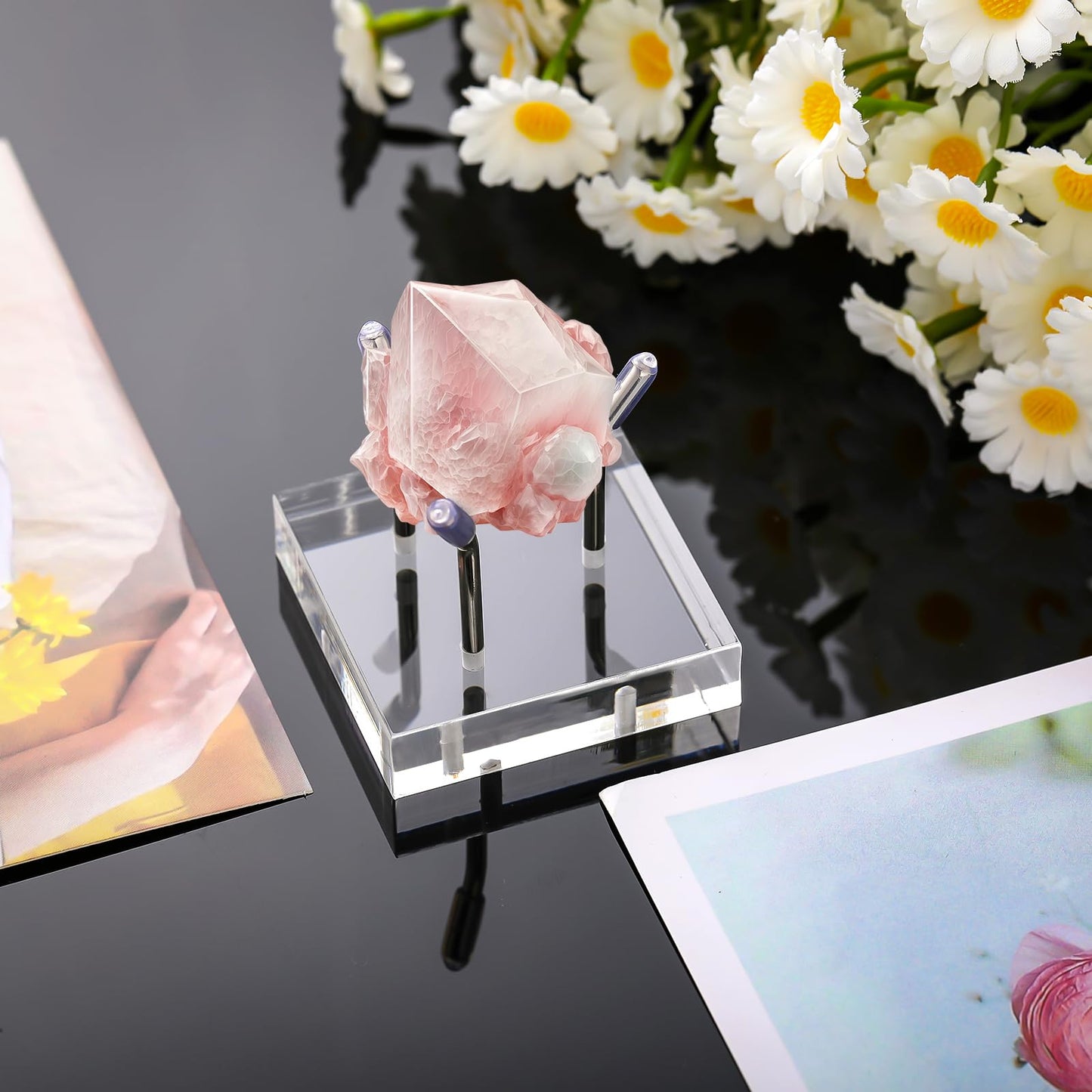 Weysat 4 Pack Clear Acrylic Display Stand, Metal 3 Peg Rock Display Easel Stands for Fossil Coral Crystal Geodes Rock Mineral Agate Small Collectibles Acrylic Holder