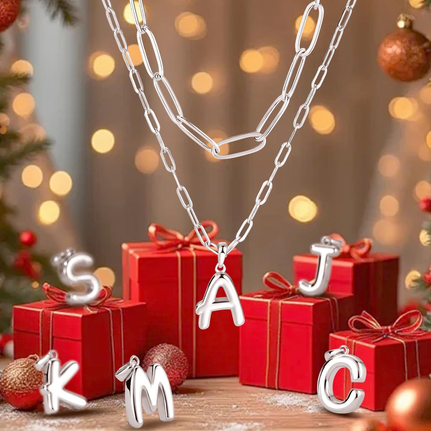 adoyi Silver Initial Necklace for Women 14k Gold Plated Layered Bubble Letter Necklaces Trendy Jewelry Chain Name J Pendant Necklace Stack Birthday Valentines Gifts