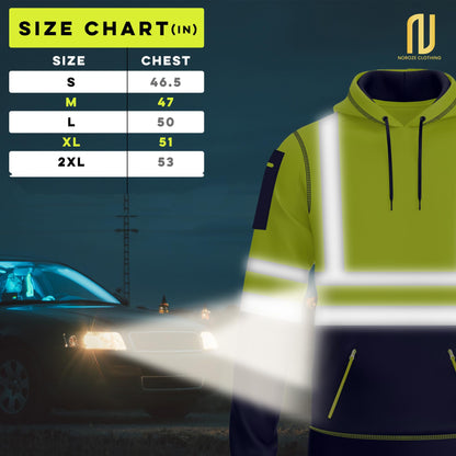 NOROZE Mens Hi Vis Hoodie with Reflective Tape, Pullover High Vis Hoodie for Safety Workwear– 4 Utility Zipped Pockets, Work Hoodies for Men, High Visibility Hooded (M, Style 1: Neon Green/Navy)