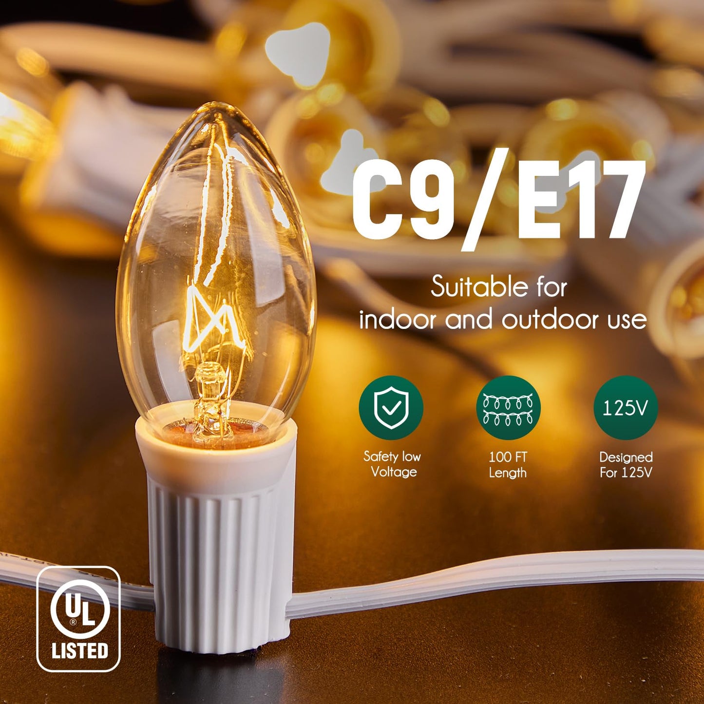 C9 Light Strand, 50 FT Outdoor String Lights Christmas Stringer with 50 Sockets for Christmas Decor Patio, E17 Light Socket, 12 Spacing, White Wire