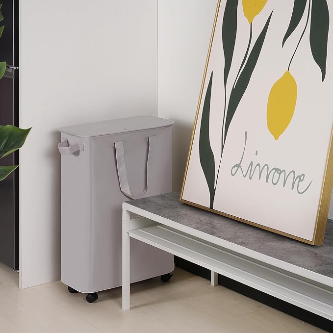 Slim Laundry Hamper with Lid and Wheels, Small Rolling Laundry Basket with