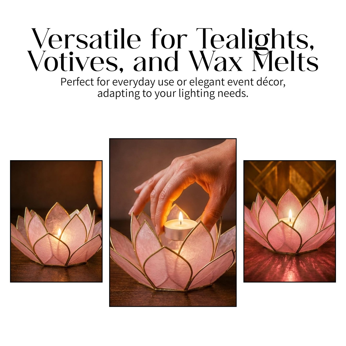 Om Gallery Mini Gemstone Lotus Tealight Holder - Handcrafted Capiz Shell Design for Soft Glow, Elegant Home & Table Decor, Wedding Centerpiece, Votive Candle Styling & Thoughtful Gifting - Rose Quartz