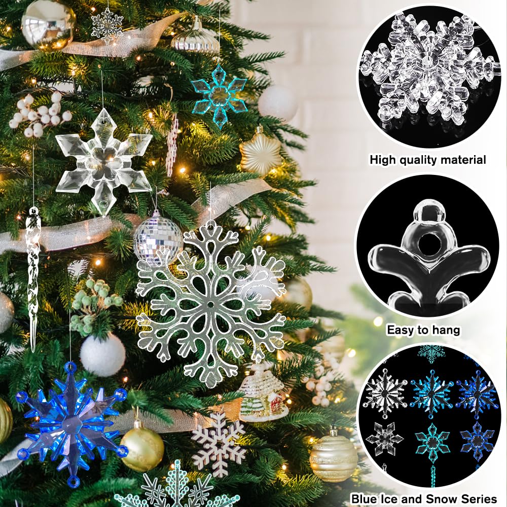 YUJUN 56PCS Christmas Snowflakes Crystal Decorations Winter Blue Snowflakes Christmas Tree Icicle Drops Ornaments Hanging Chandelier Pendants Beads for Xmas Winter New Year Wedding Party Decor