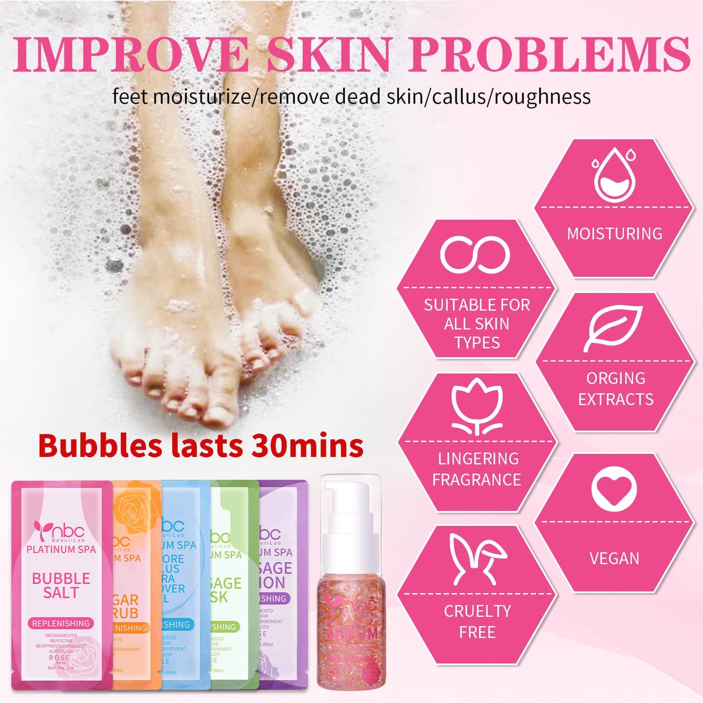 Pedicure Kit Foot Soak Set: Bubble Salt, Sugar Scrub, Massage Mask, Massage Lotion in a Box, 4 Step Foot Spa Kit for Dry Feet,Tired Feet（3 Set Tropical Fruit)