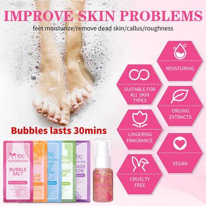 Pedicure Kit Foot Soak Set: Bubble Salt, Sugar Scrub, Massage Mask, Massage Lotion in a Box, 4 Step Foot Spa Kit for Dry Feet,Tired Feet（3 Set Tropical Fruit)