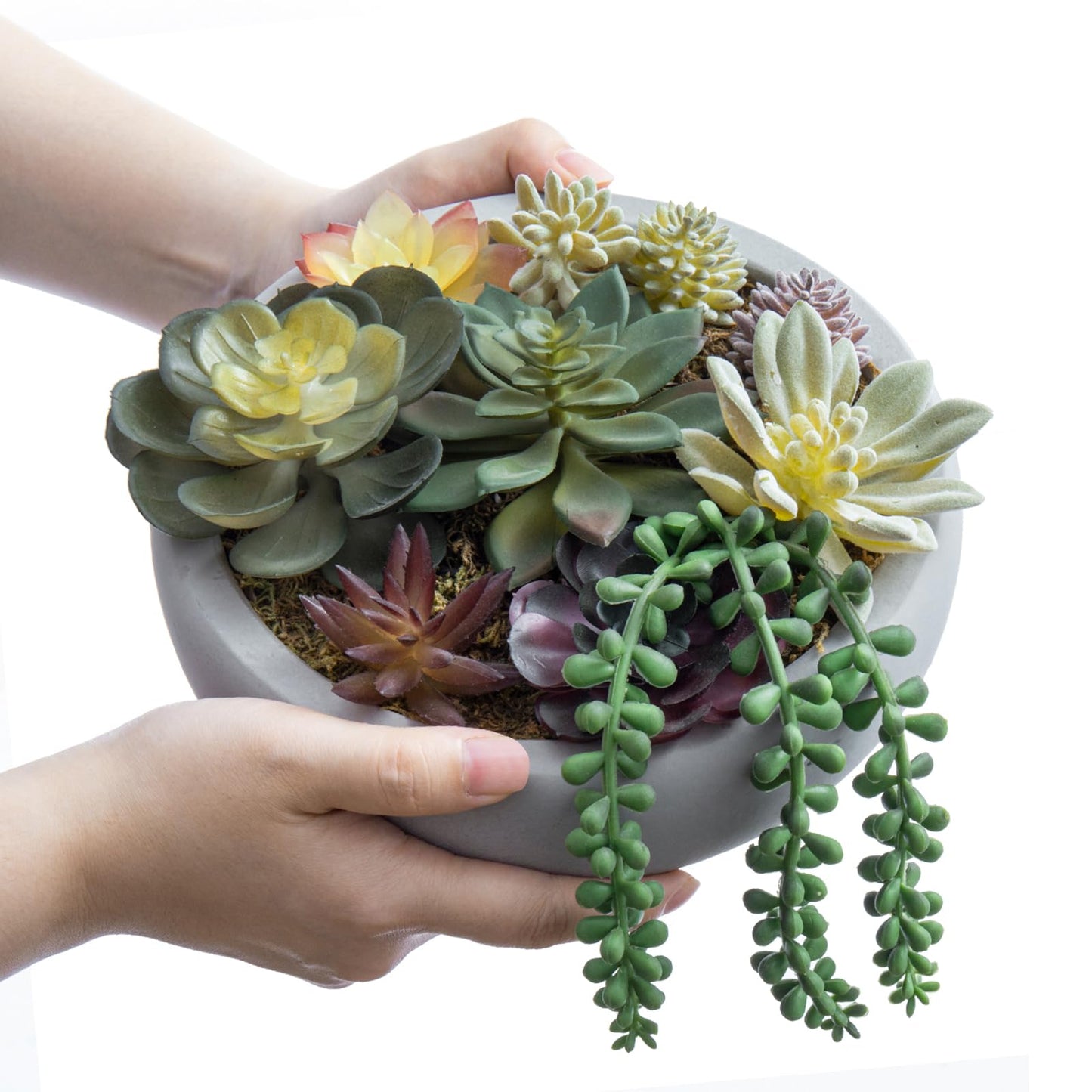 MyGift 8 Inch Round Modern Artificial Succulent Arrangement Potted in Gray Concrete Plant Bowl, Assorted Faux Mini Succulents in a Decorative Planter Pot