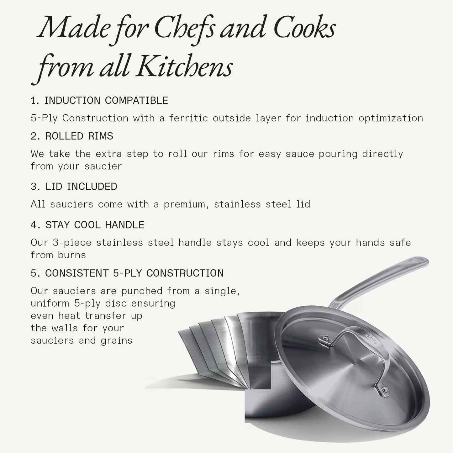 Made In Cookware - 3 Quart Stainless Steel Saucier Pan - 5 Ply Stainless Clad - Professional Cookware - Crafted in Italy - Induction Compatible