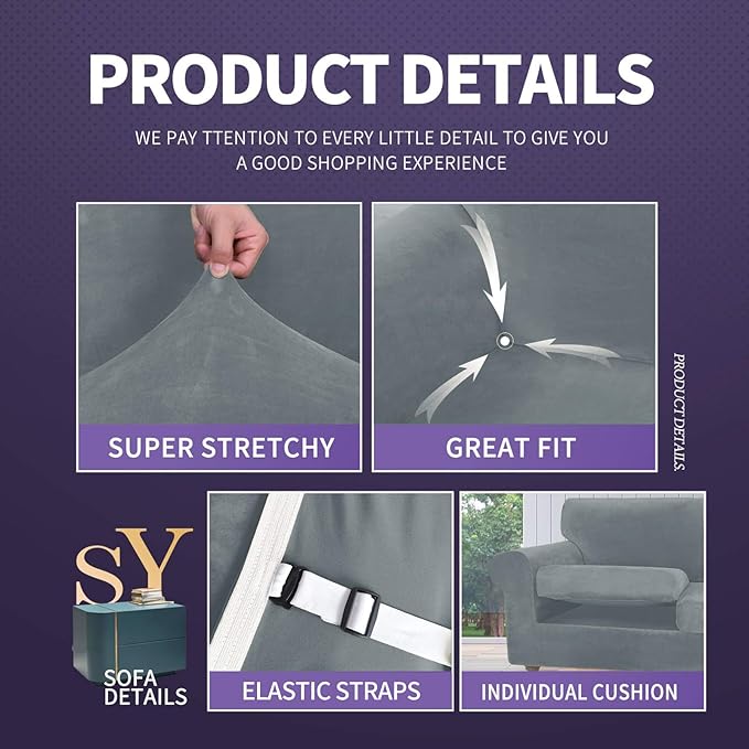 ZNSAYOTX Luxury Velvet Couch Cover 4 Piece Stretch Sofa Covers