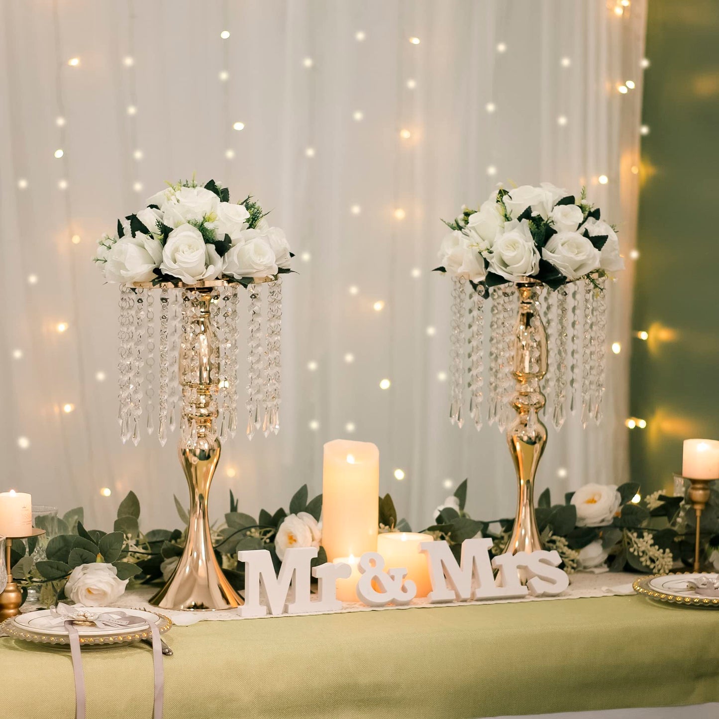 LANLONG Set of 2 Crystal Wedding Table Centerpieces Gold Flower Stand Vases Centerpiece Decorations for Reception Party Home Decor