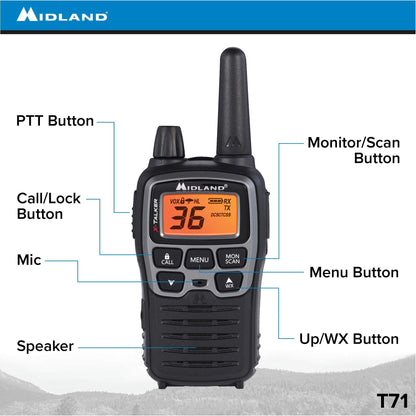 Midland T71VP3 36 Channel FRS Two-Way Radio - Up to 38 Mile Range Walkie Talkie - Black/Silver (Pack of 4), 6.2" x 1.3" x 2.3", Model Number: T71X4VP3