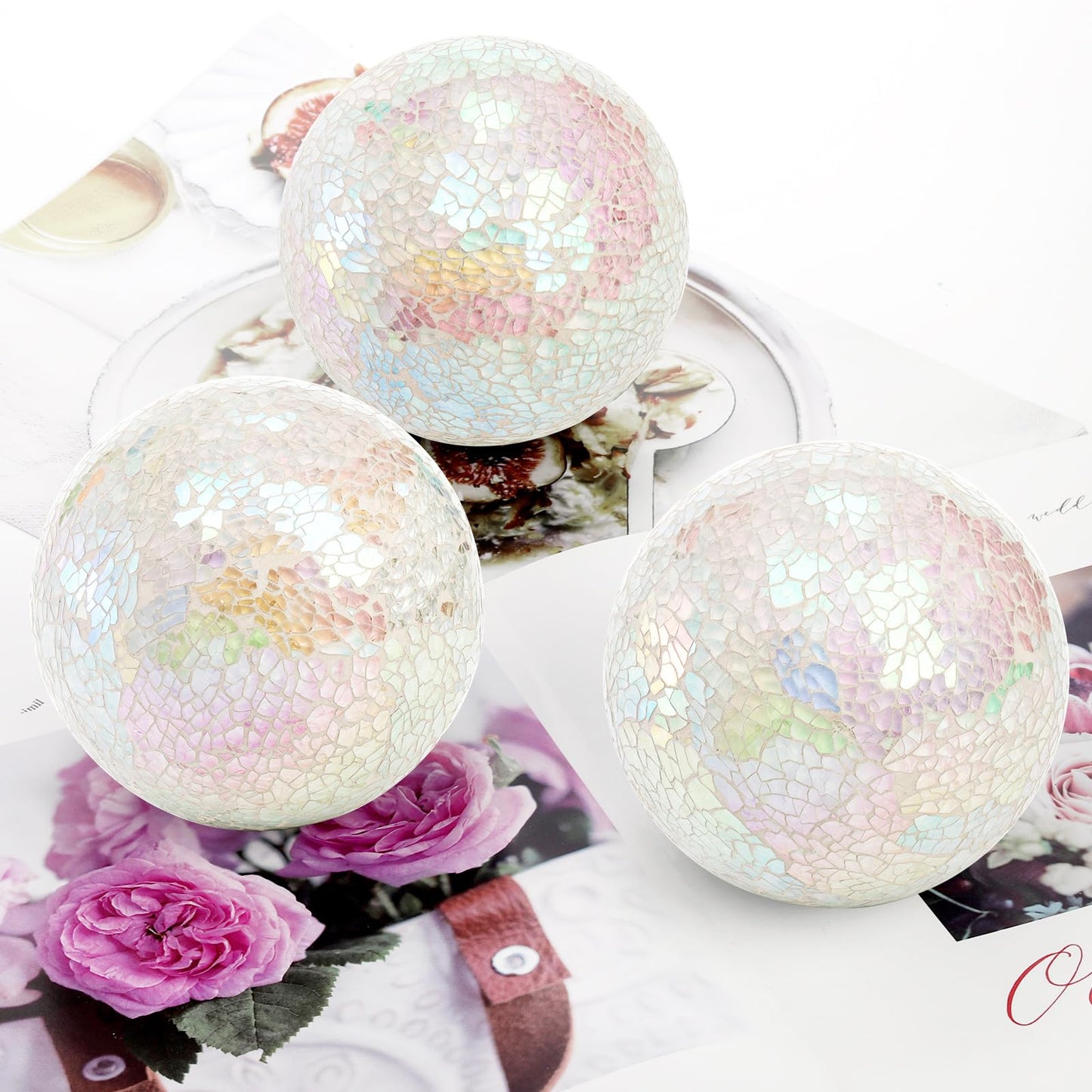 TOPZEA Set of 3 Decorative Balls, 4 Inch Glass Mosaic Orbs Sphere Bowl Fillers, Coffee Table Centerpiece Ball Ornaments for Living Room, Christmas, Holiday Party, White Home Decor