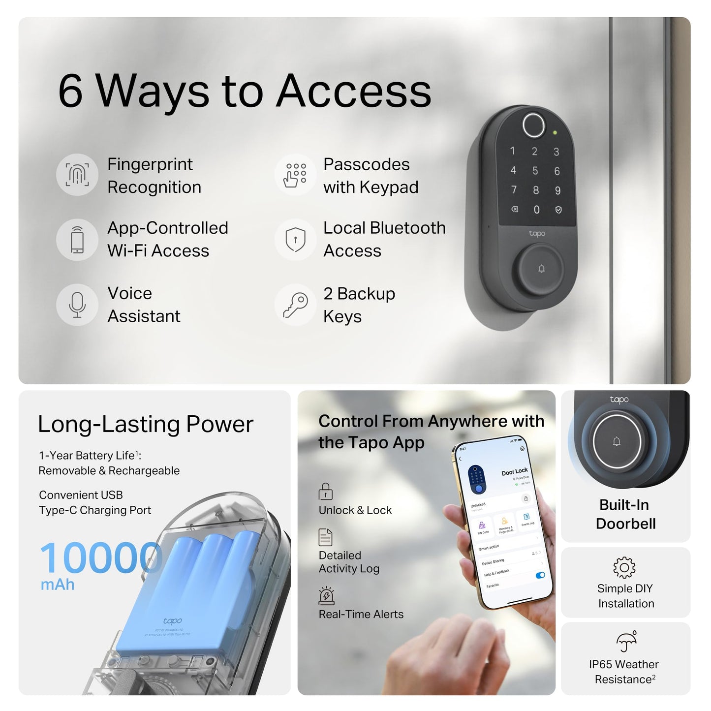 TP-Link Tapo Smart Door Lock, Deadbolt | Keyless Entry, Fingerprint Recognition, Touchscreen Keypad & in-App Monitoring with Scheduled Access | 1-Year Rechargeable Battery | BHMA Grade 2 | Tapo DL110