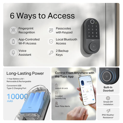 TP-Link Tapo Smart Door Lock, Deadbolt | Keyless Entry, Fingerprint Recognition, Touchscreen Keypad & in-App Monitoring with Scheduled Access | 1-Year Rechargeable Battery | BHMA Grade 2 | Tapo DL110