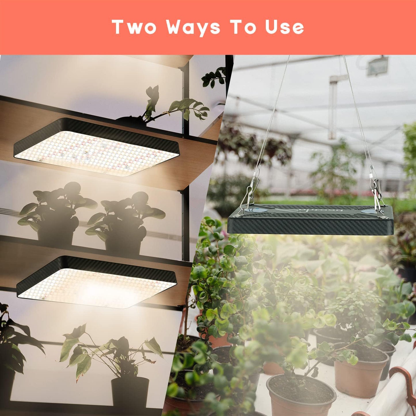 Ohtoad Grow Lights (2 Pack), Hanging Grow Lights for Indoor Plants, 200W UV-IR Full Spectrum Led Grow Light for Seed Startin