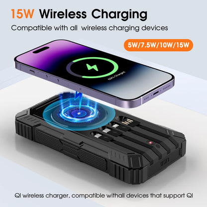 Power Bank Solar Charger,49800mAh Wireless Portable Charger with 4 Built-in Cables,22.5W Fast Charging Battery Pack USB-C in/Output PD+QC3.0 Portable Power Bank for All Cell Phones