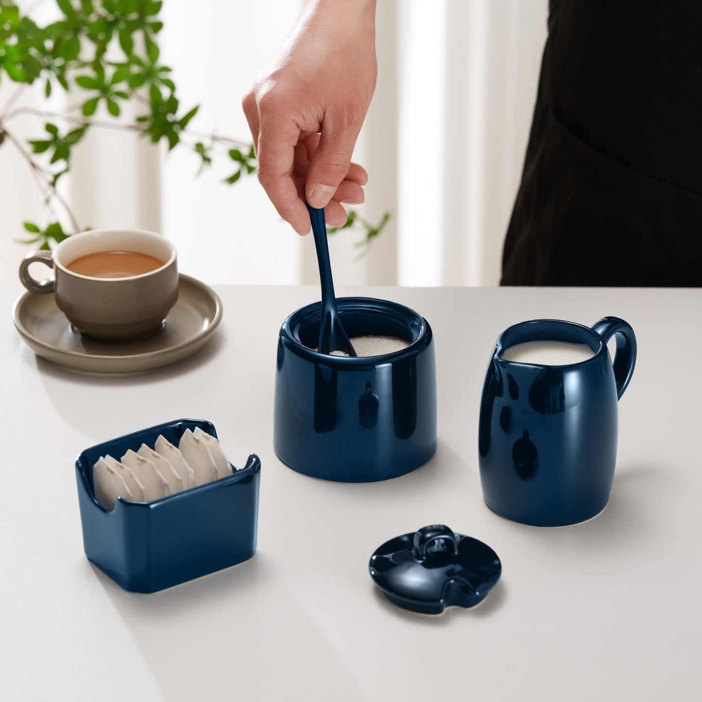KooK Sugar and Creamer Set, 3 Piece, Pitcher, Sugar Bowl with Lid and Spoon, Sweetener Holder (Navy)