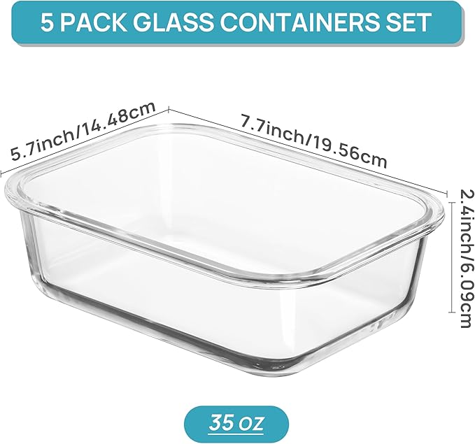 Vtopmart 5 Pack 35oz Glass Food Storage Containers