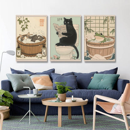 KERAXL Anime Cats Bathroom Poster Art Print, Funny Animal Bathroom Japanese Culture Wall Art Decor Cute Toilet Unframe 08×12inch(20×30cm) Set Of 3