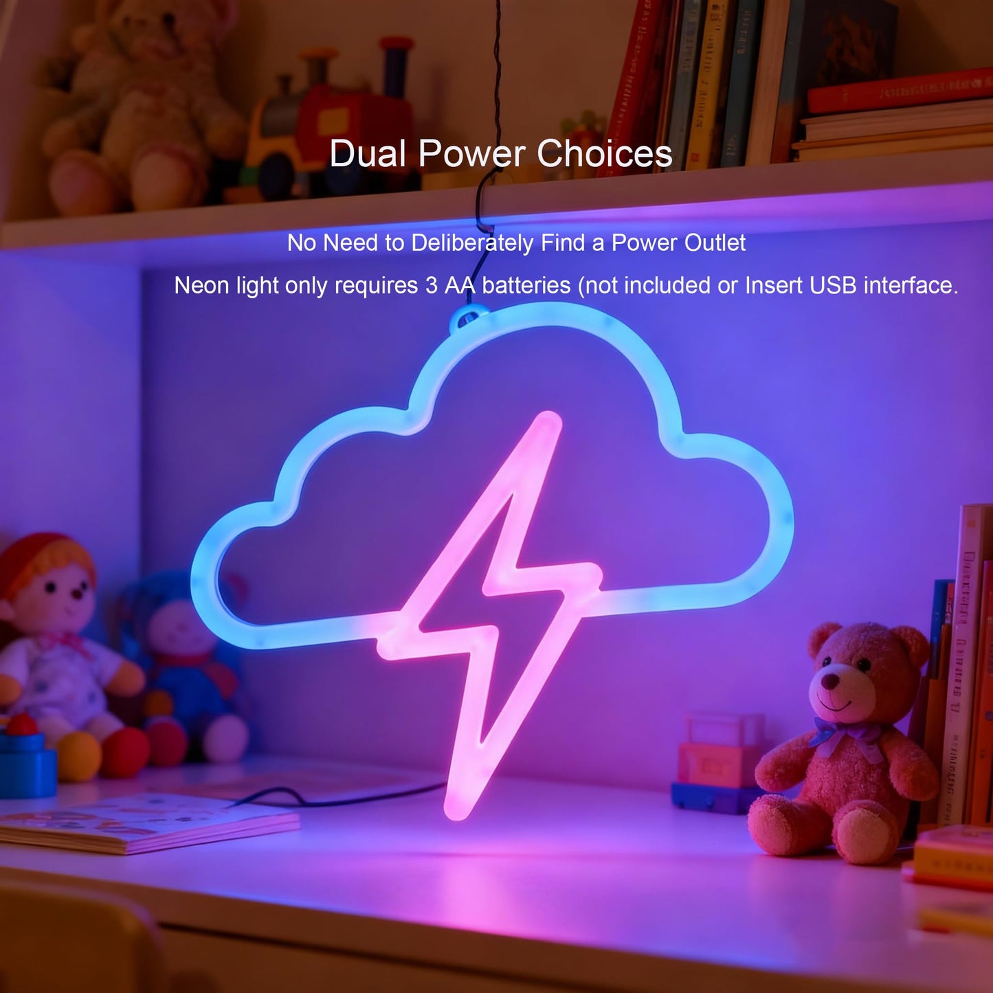 RLQXSYS LED Lightning Cloud Neon Light, Dual Power USB/Battery Wall or Desktop Decor for Home, Office, Bar, Party, Wedding & Christmas
