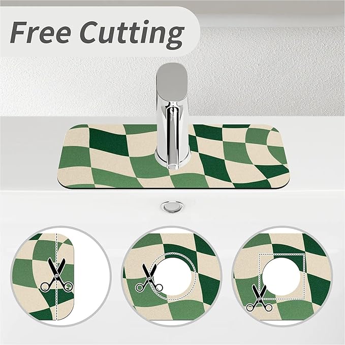 Kitchen Sink Splash Guard，Green-and cream checkered Faucet Mat Sink