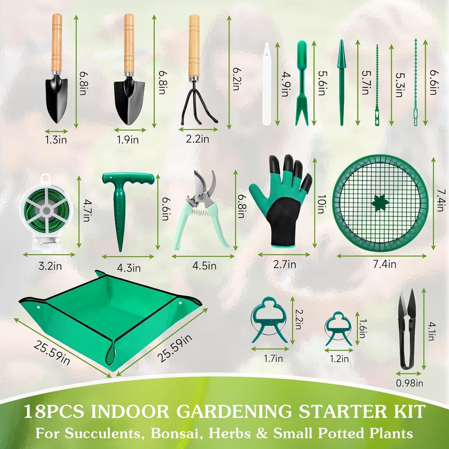 Gardening Tool Set, 18PCS Indoor Plant Tools for Succulents, Bonsai & Herbs, Mini Garden Tools with Repotting Mat for Indoor Plants, Soil Scoop, Pruner, Gloves, Plant Ties & Labels