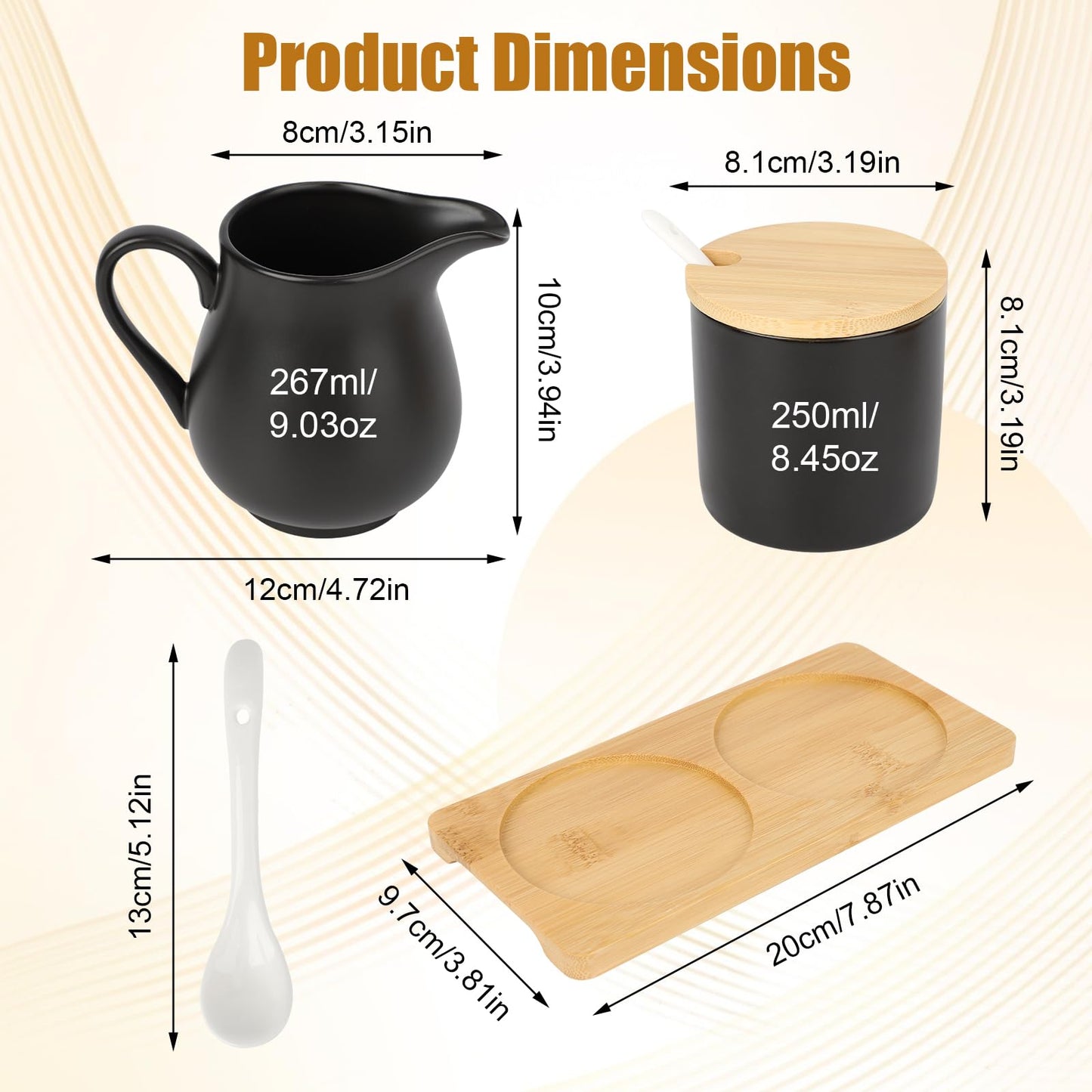 Ceramic Sugar and Cream Serving Set with Lid and Spoon, Coffee Serving Set Coffee Bar Accessories 9oz Creamer 8.45oz Sugar (Black)