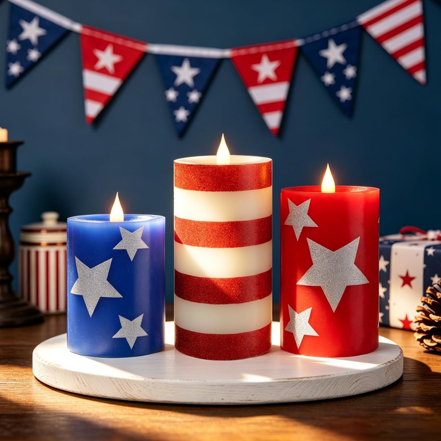 LCZLUMIPRO Set of 3 Patriotic Flameless Candles, Red White and Blue Battery Operated Pillar Candles, Patriotic Candles for 4th of July Independence Day Home Decor
