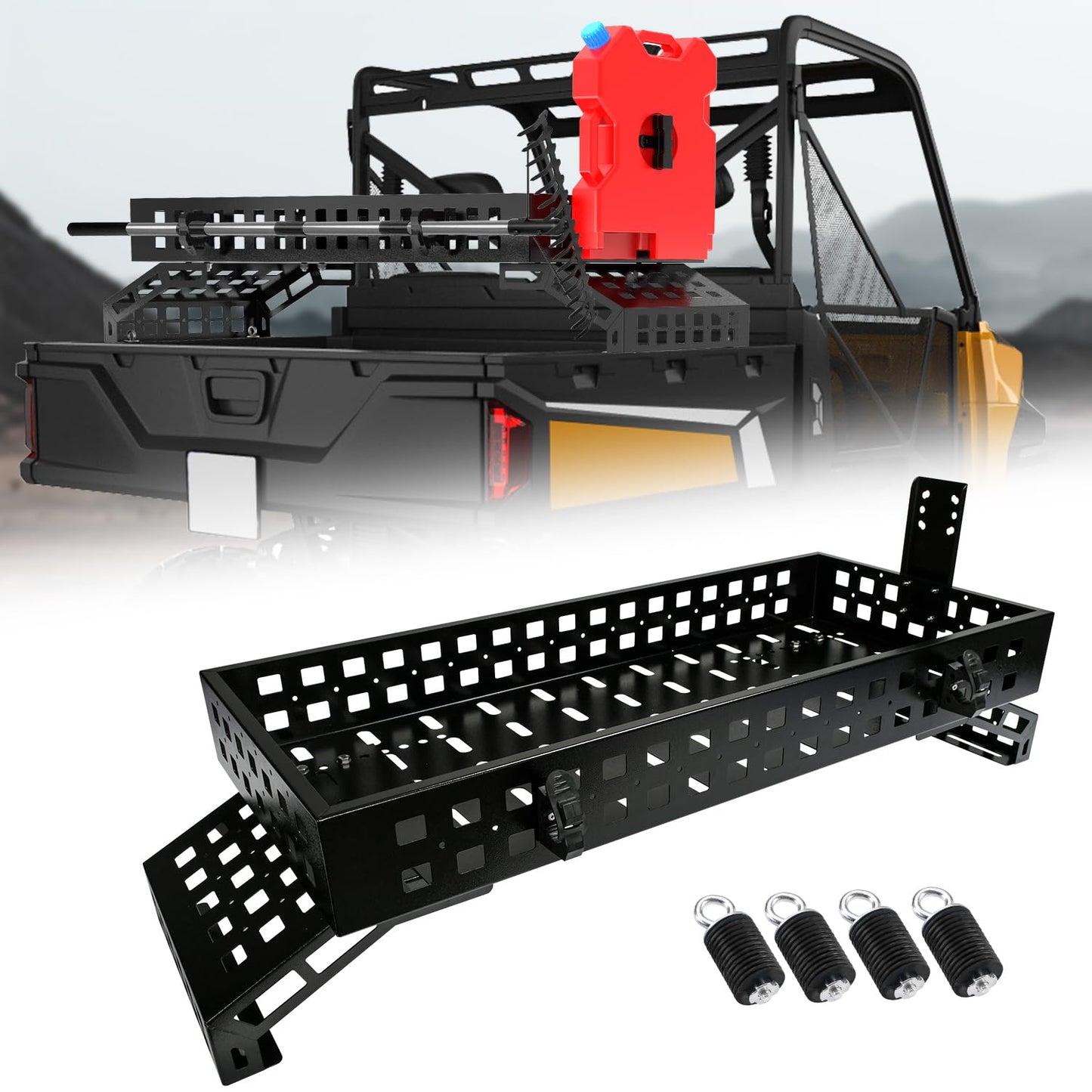 TOPOWN UTV Overbed Cargo Rack with Adjustable Mounting Brackets Accommodate Bed Rail Widths from 39.7”-56.3”(Inside Width), Molle Panel Sides UTV Bed Racks with Tool Clamps and Gas Can Mount