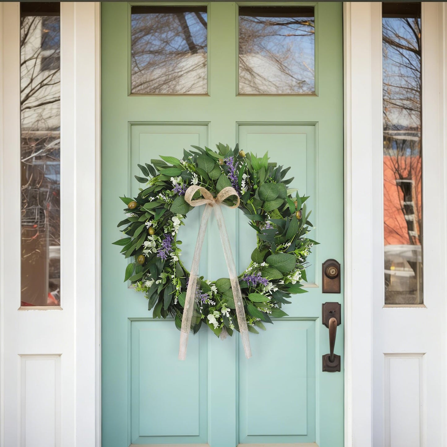 Ovveroche 22Inch Summer Eucalyptus Wreath for Front Door Greenery Wreath Door with Olive Boxwood Leaves Bow for Spring Summer All Season Outdoor Home Decor