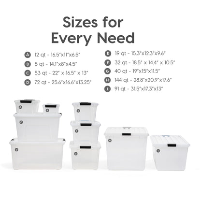 IRIS USA 54 Qt Stackable Plastic Storage Bins with Lids, 6 Pack - BPA-Free, Made in USA - See-Through Organizing Solution, Latches, Durable Nestable Containers, Secure Pull Handle - Clear