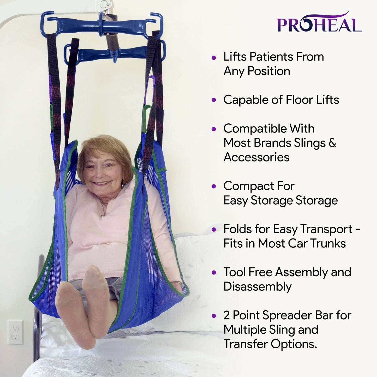 ProHeal Portable Patient Lift - Compact Folding Full Body Patient Transfer Lifter for Home Use and Facilities - Low Bed and Chair Lifting, 400 Pound Weight Capacity, 2 Point Spreader Bar