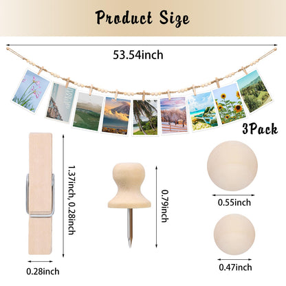 Hanging Photo Display Wall Decor, 3Pcs Boho Wooden Bead Garland Picture Banner Collage Picture Card Frame Holder with 30Clips, 24 Wooden Pegs for Bedroom, Living Room Teen Girl Gifts