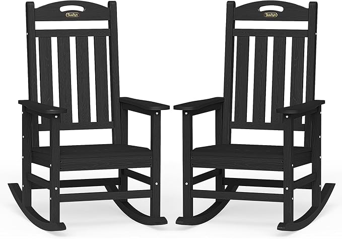 Oversized Outdoor Rocking Chairs Set of 2, High Back Porch Rocking Chair, HDPE All Weather Resistant Rocking Chairs for Patio, 380lbs Weight Capacity, Black