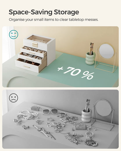 SONGMICS Jewellery Box with Glass Lid, 4-Layer Jewellery Storage Organiser with 3 Drawers, Plenty of Storage, Modern, Gift Idea, 15.3 x 25.1 x 21.5 cm, Cloud White and Gold Colour JBC161W01