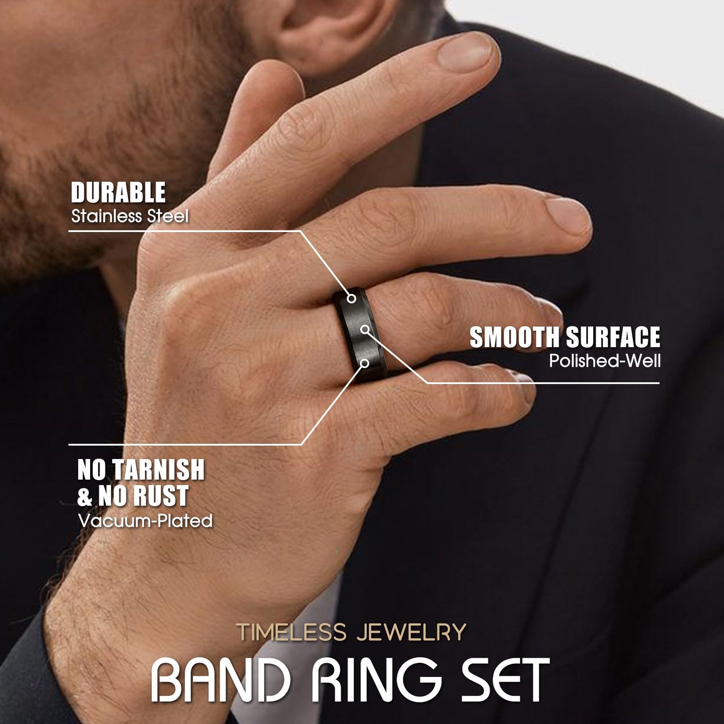 Jstyle Stainless Steel Rings for Men Women 8MM Wedding Band Rings Matte Surface - Beveled Polished Edge Mens Ring Size 9 Black Ring for Men