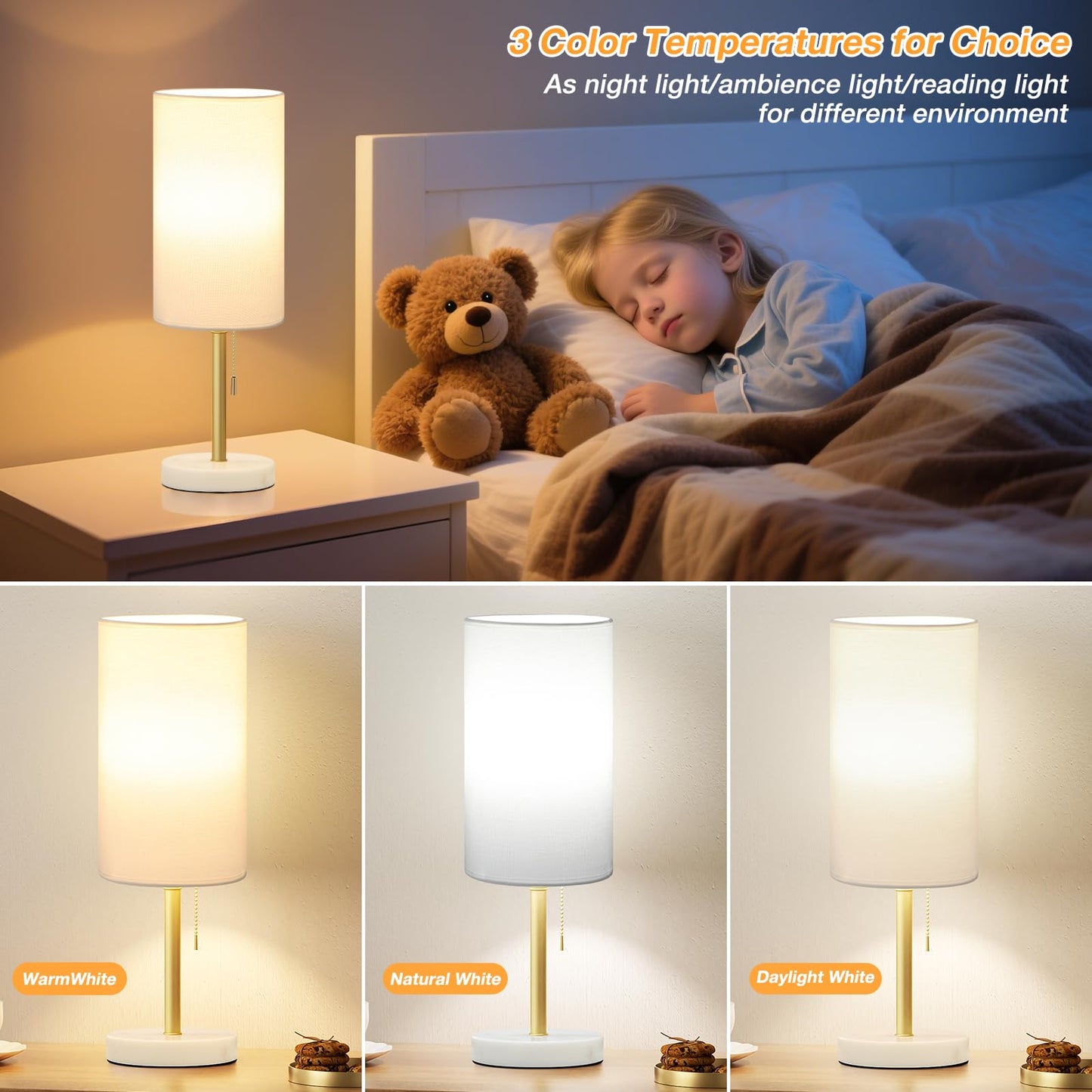 Dicoool Tall Bedside Table lamp for Bedroom - Luxury Marble Base & 3 Color Temperatures Bedside Lamps, Pull Chain Gold Table Lamps, White Nightstand Lamps for Living Room/Guest Room