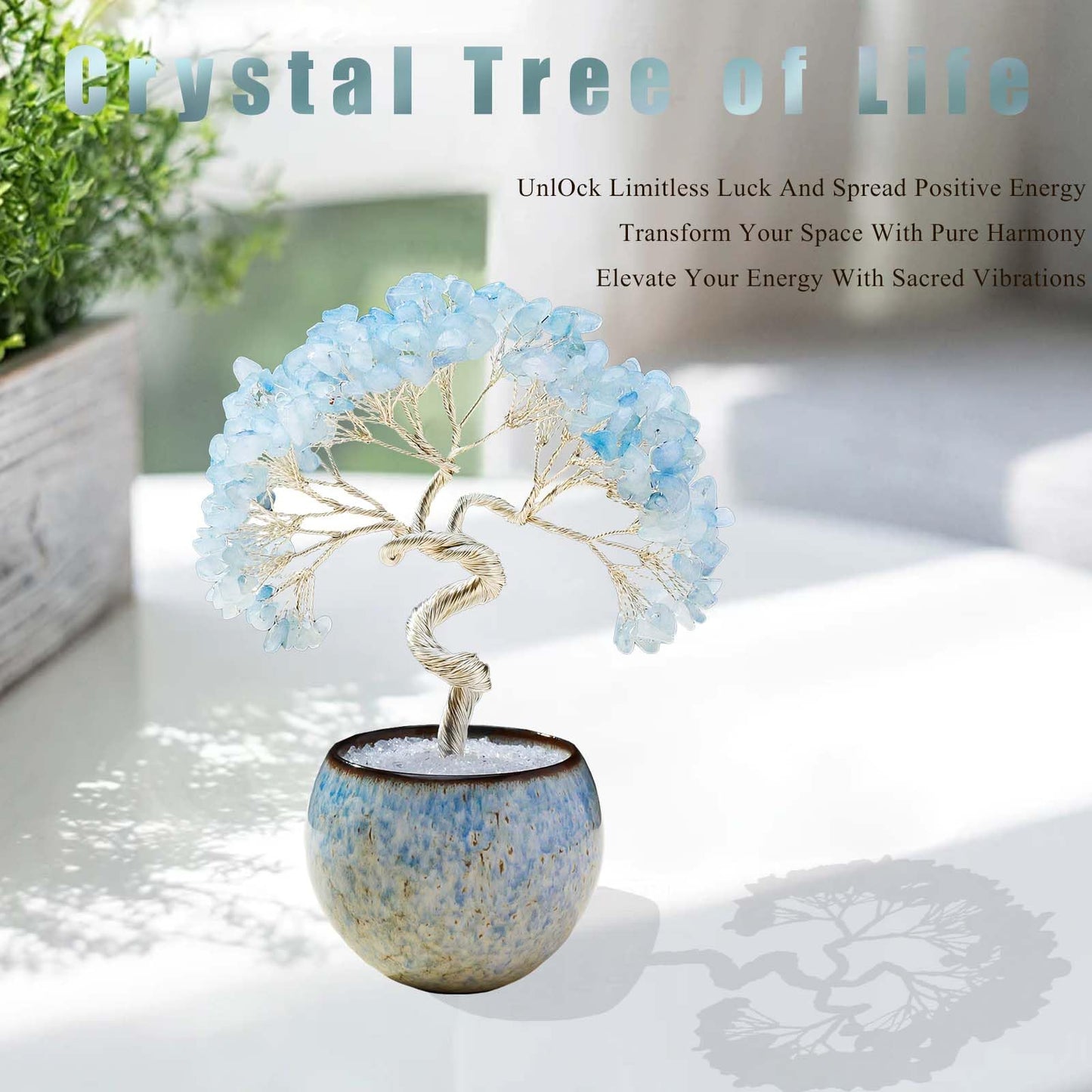 Runyangshi Aquamarine Crystal Tree of Life - 7in Chakra Crystal Money Tree with 297 Natural Healing Crystal Gemstone for Feng Shui, Luck, Balancing Energy Home Decor & Spiritual Gift