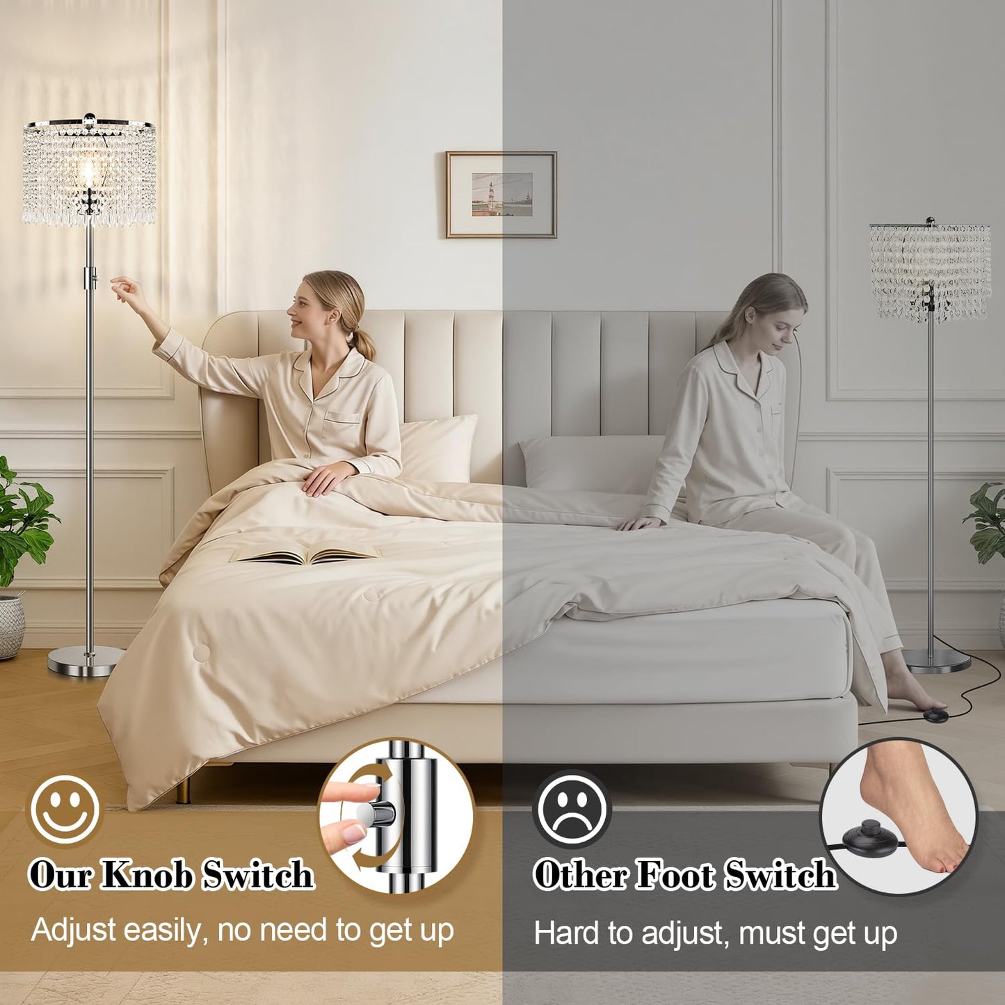 Yemela 【Upgraded】 Dimmable Crystal Floor Lamps for Living Room, 1000LM LED Bulb Included, Standing Lamp with Knob Switch, Tall Silver Modern Floor Lamp for Bedroom Nursery Office Reading