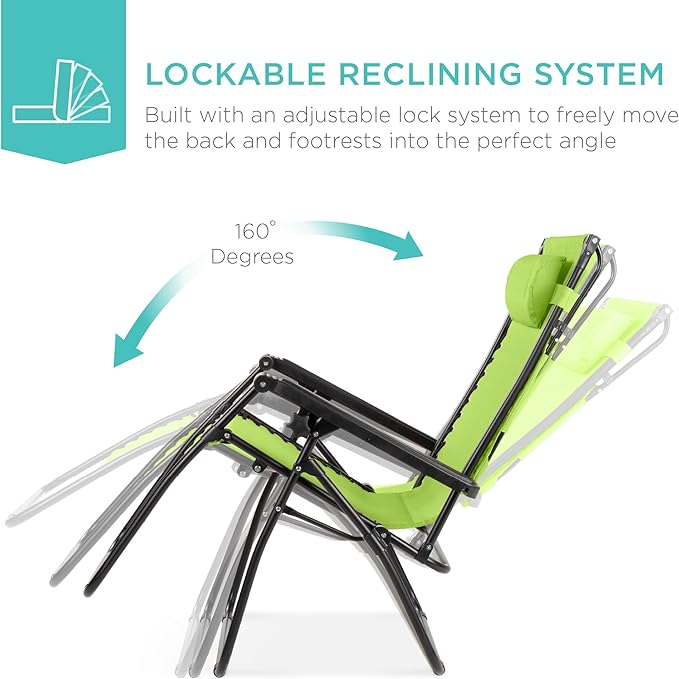 Best Choice Products Folding Zero Gravity Outdoor Recliner Patio Lounge Chair w/Adjustable Canopy Shade, Headrest, Side Accessory Tray, Textilene Mesh - Lime Green