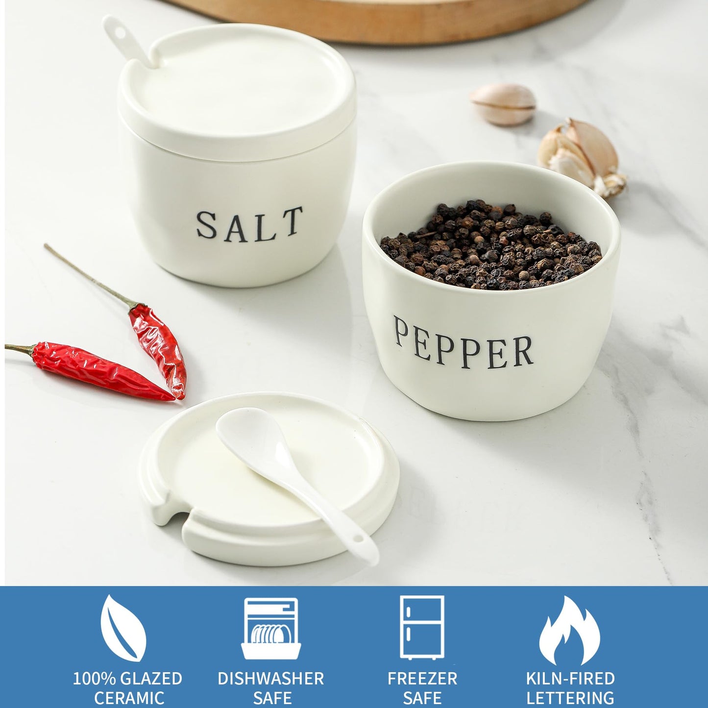 Howise 2 Pack Salt and Pepper Bowls Set, Ceramic Salt and Pepper Containers with Lid and Spoon, White Salt Pepper Holder Set, Salt Box Dish with Lid Easy to clean