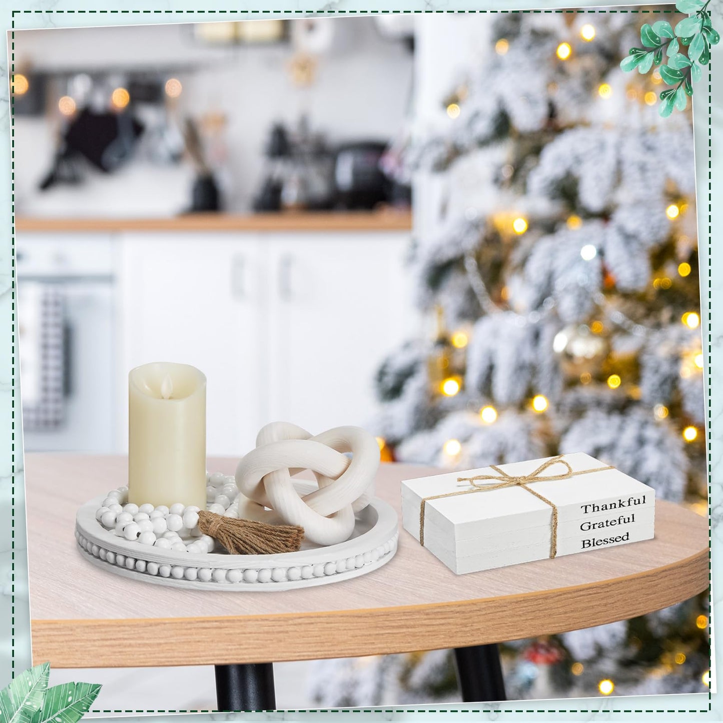 GlikCeil 6 Pcs Rustic Wooden Coffee Table Tray Decoration Set, Round Beaded Tray Wood Chain Bead Garland with Tassels and 3 Decorative Books for Farmhouse Living Room Home Decor(Thankful,White)